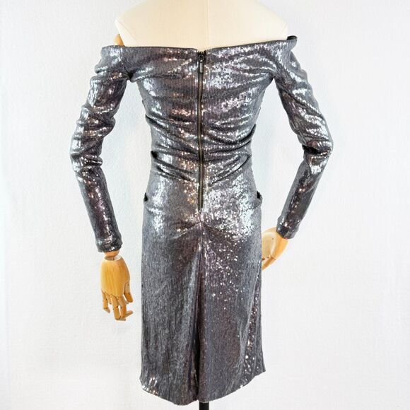 Nicole Miller | Silver Sequin Long Sleeve Off Shoulder Body Dress Ruched | Sz 6 - Picture 5 of 9